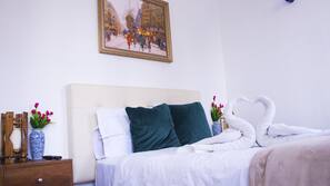 Laptop workspace, free WiFi, linens