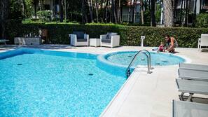 Seasonal outdoor pool, pool umbrellas, pool loungers