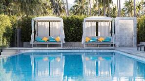 Outdoor pool, pool umbrellas, pool loungers