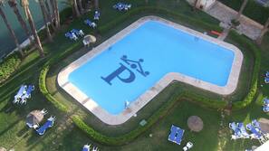 Outdoor pool, pool umbrellas, pool loungers