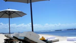 Private beach, white sand, sun-loungers, beach umbrellas