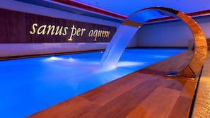 Indoor pool, open 8 AM to 8 PM, sun loungers