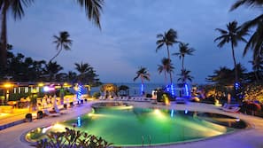 Outdoor pool, pool umbrellas, pool loungers