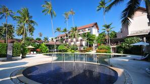Outdoor pool, pool umbrellas, pool loungers