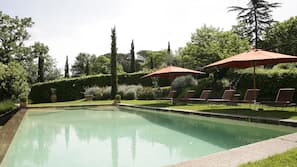 Seasonal outdoor pool, pool umbrellas, sun loungers