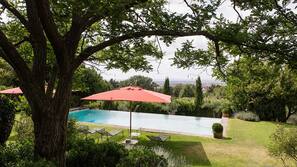 Seasonal outdoor pool, pool umbrellas, sun loungers