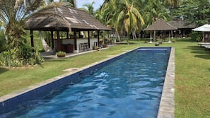 Outdoor pool, pool umbrellas, sun loungers