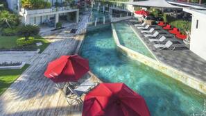 Outdoor pool, pool umbrellas, pool loungers