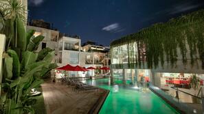 Outdoor pool, pool umbrellas, pool loungers