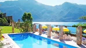 Seasonal outdoor pool, pool umbrellas, pool loungers