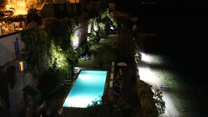 Seasonal outdoor pool, pool umbrellas, pool loungers
