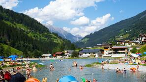 Outdoor pool, pool umbrellas, sun loungers