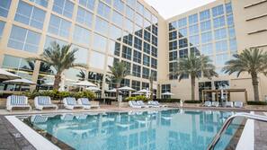 Outdoor pool, pool umbrellas, pool loungers