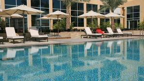 Outdoor pool, pool umbrellas, pool loungers