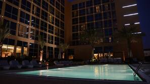 Outdoor pool, pool umbrellas, pool loungers
