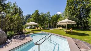 Indoor pool, outdoor pool, pool umbrellas, sun loungers