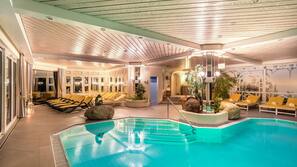 Indoor pool, outdoor pool, pool umbrellas, sun loungers
