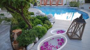Outdoor pool, pool umbrellas, pool loungers