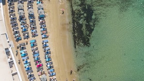 On the beach, sun loungers, beach umbrellas, beach towels