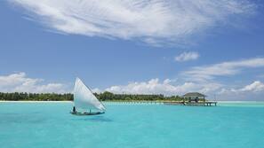 Private beach, white sand, free beach cabanas, sun loungers