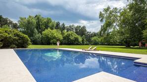 Seasonal outdoor pool, pool umbrellas, sun loungers