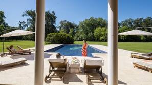 Seasonal outdoor pool, pool umbrellas, sun loungers
