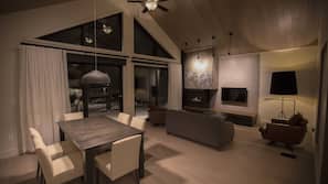 Flat-screen TV, fireplace