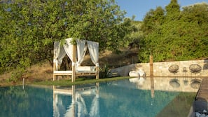 Outdoor pool, pool umbrellas, pool loungers