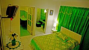 Shower, free toiletries, hair dryer, towels