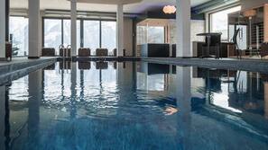 Indoor pool, open 9 AM to 8 PM, sun loungers
