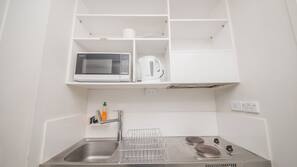 Fridge, microwave, hob, electric kettle