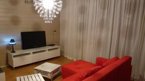 TV, fireplace, books, stereo