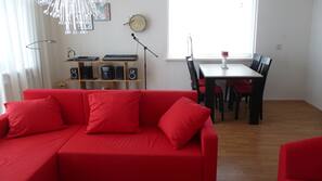 TV, fireplace, books, stereo