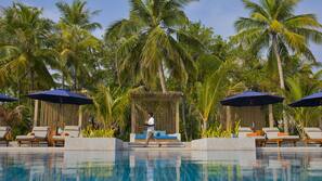 Outdoor pool, pool umbrellas, pool loungers