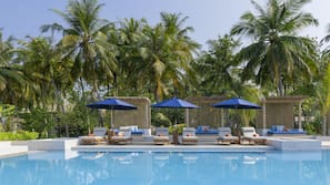 Outdoor pool, pool umbrellas, pool loungers