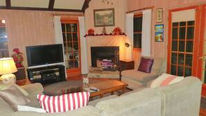 TV, fireplace, DVD player, foosball