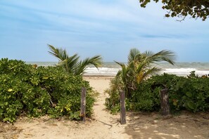 On the beach, white sand, free beach shuttle, sun loungers