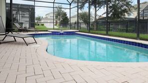 Seasonal outdoor pool, pool umbrellas, pool loungers