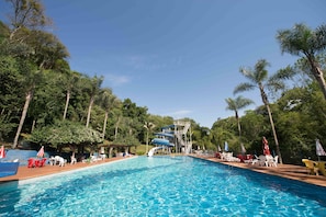 Indoor pool, outdoor pool, pool umbrellas, sun loungers