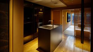 Fridge, microwave, stovetop, cookware/dishes/utensils