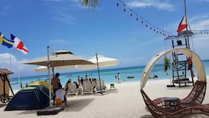 Private beach, white sand, free beach cabanas, sun-loungers