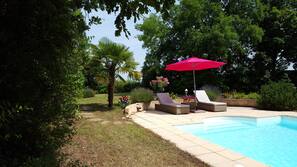 Seasonal outdoor pool, open 9:00 AM to 8:00 PM, pool umbrellas