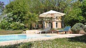Seasonal outdoor pool, open 9:00 AM to 8:00 PM, pool umbrellas