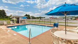Seasonal outdoor pool, open 10:00 AM to 10:00 PM, pool umbrellas