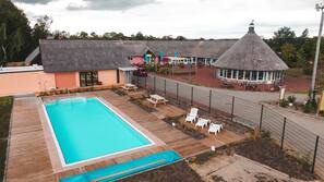 Seasonal outdoor pool, sun loungers