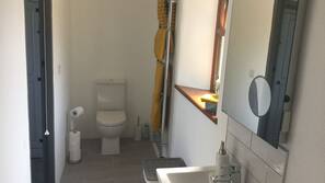 Combined shower/tub, deep soaking tub, hair dryer, towels