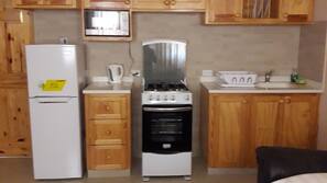 Fridge, microwave, oven, cookware/dishes/utensils