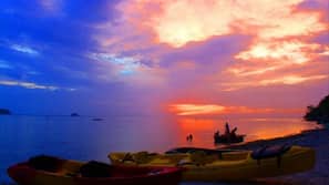 On the beach, snorkeling, kayaking