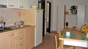 Fridge, oven, hob, cookware/dishes/utensils