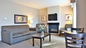 Flat-screen TV, fireplace